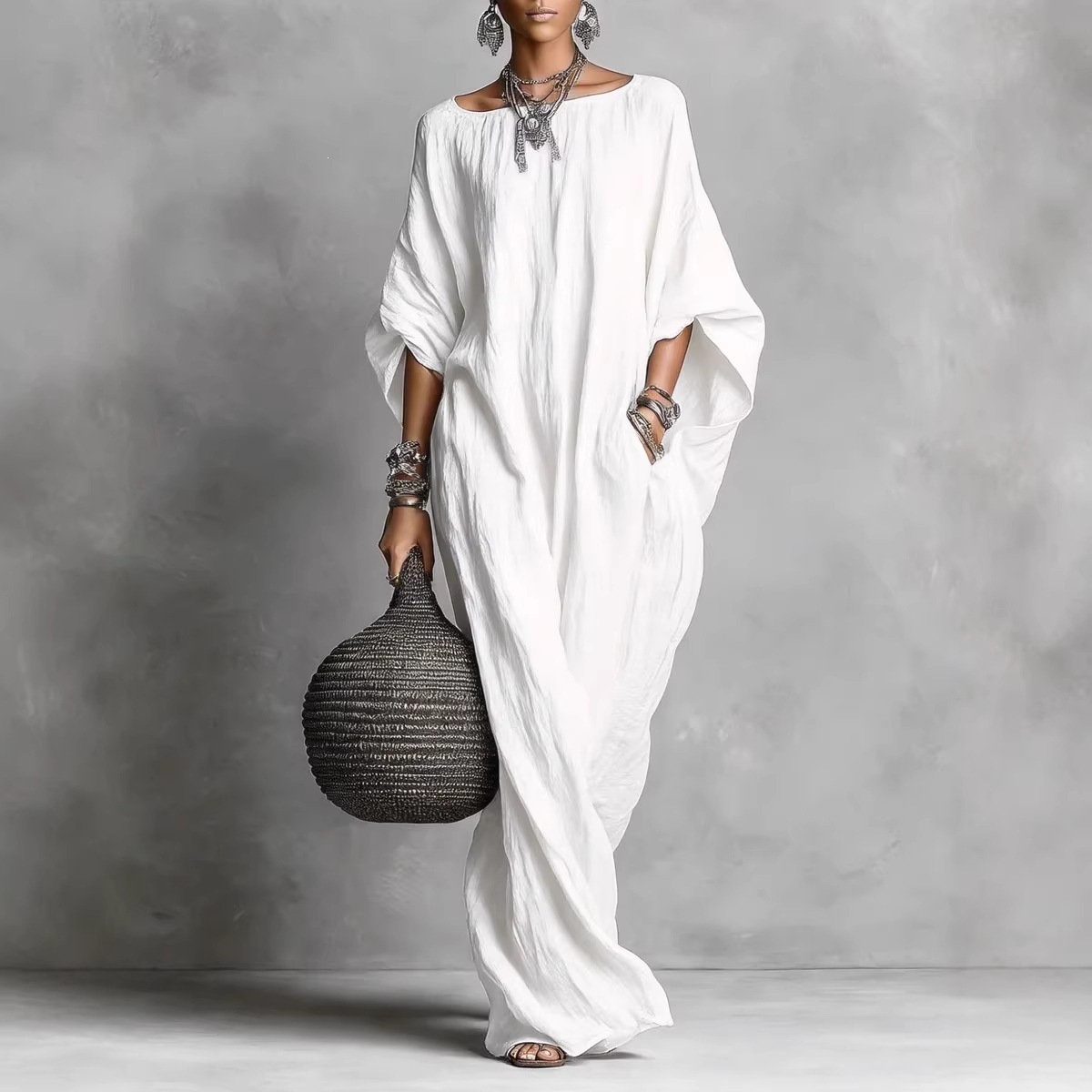 Women's Off-Shoulder Long Sleeve Solid Color Long Casual Dress