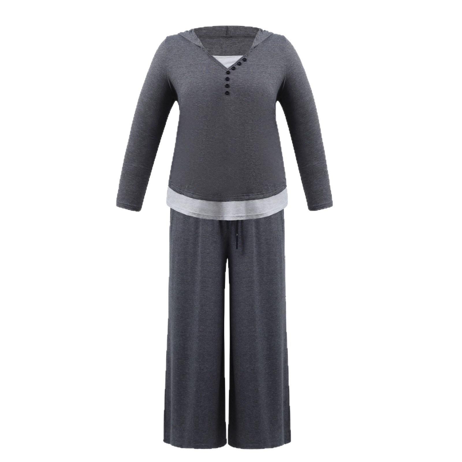Women's Hooded Button Top and Wide-Leg Pants Set