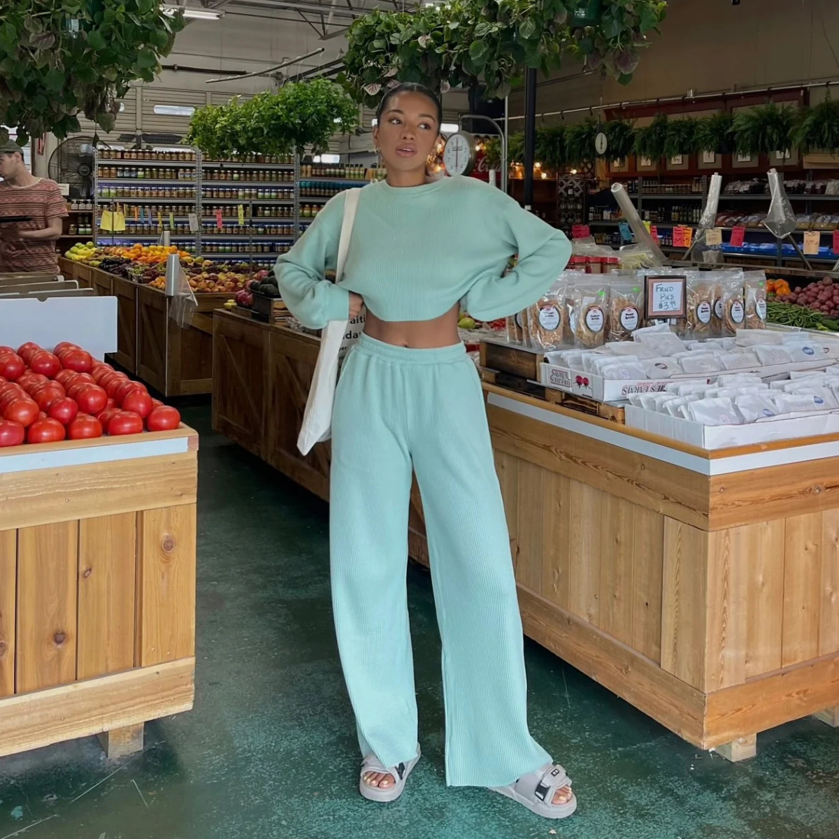 Women's Casual Waffle Knit Two-Piece Sweatsuit Set Long Sleeve