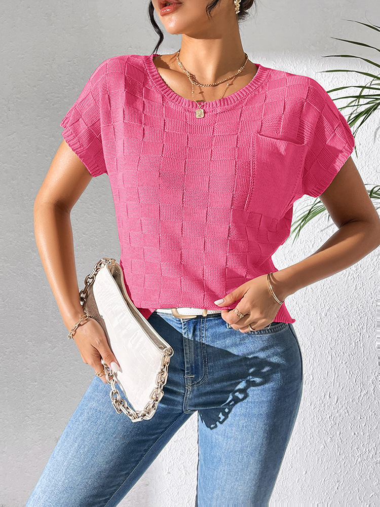 Women's Loose Knit Short Sleeve T-Shirt Solid Color Crew Neck Casual Top