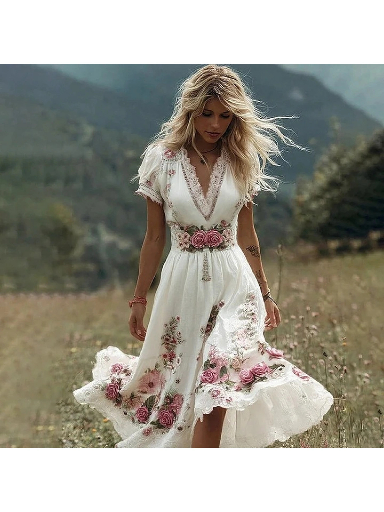 Women's Floral Print Ruched Bodycon Midi Dress