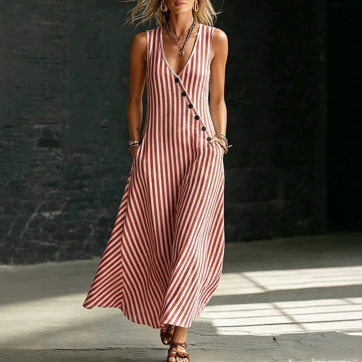 V-Neck Button-Front Striped Sleeveless Maxi Dress