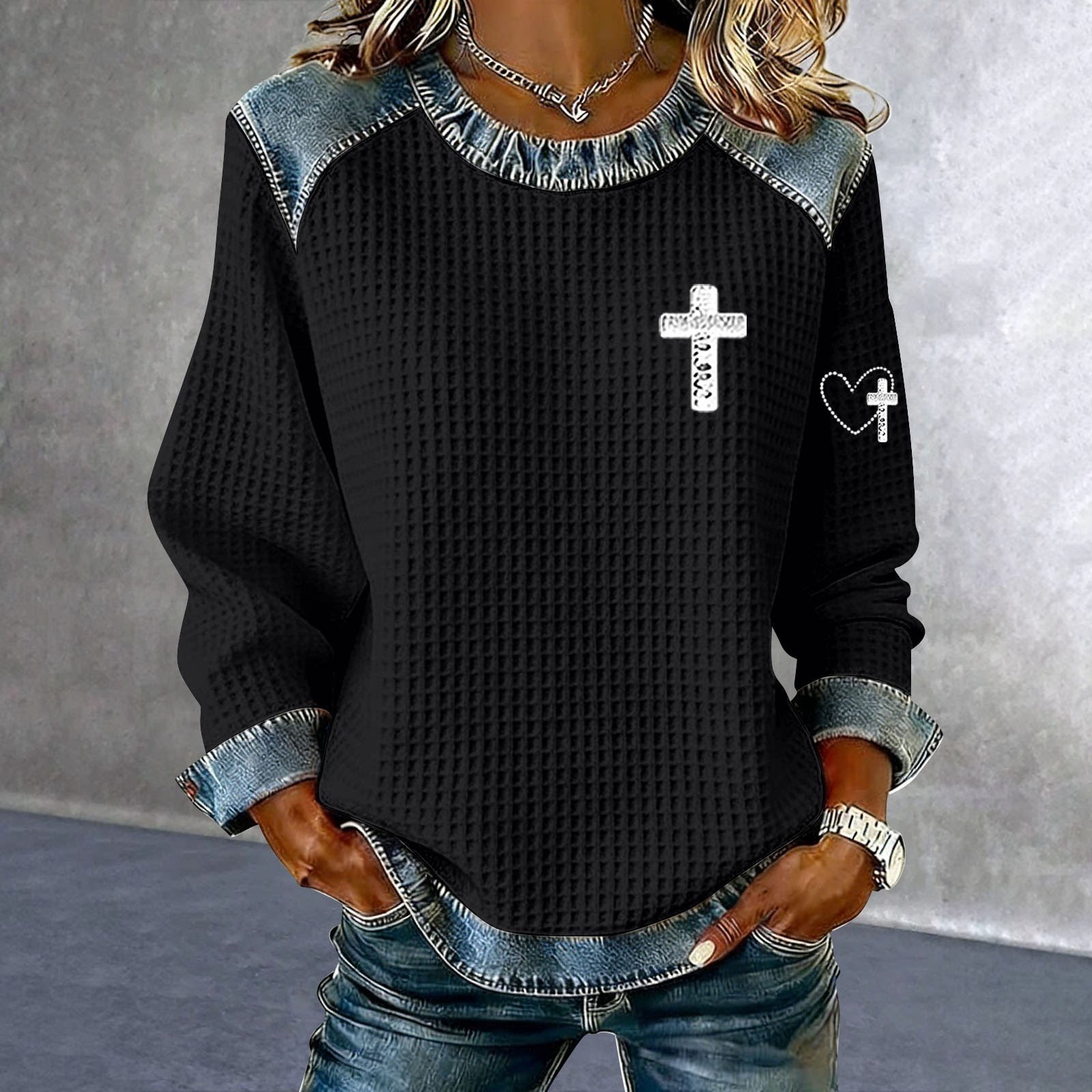 Women's Cross Print Crewneck Pullover Sweatshirt