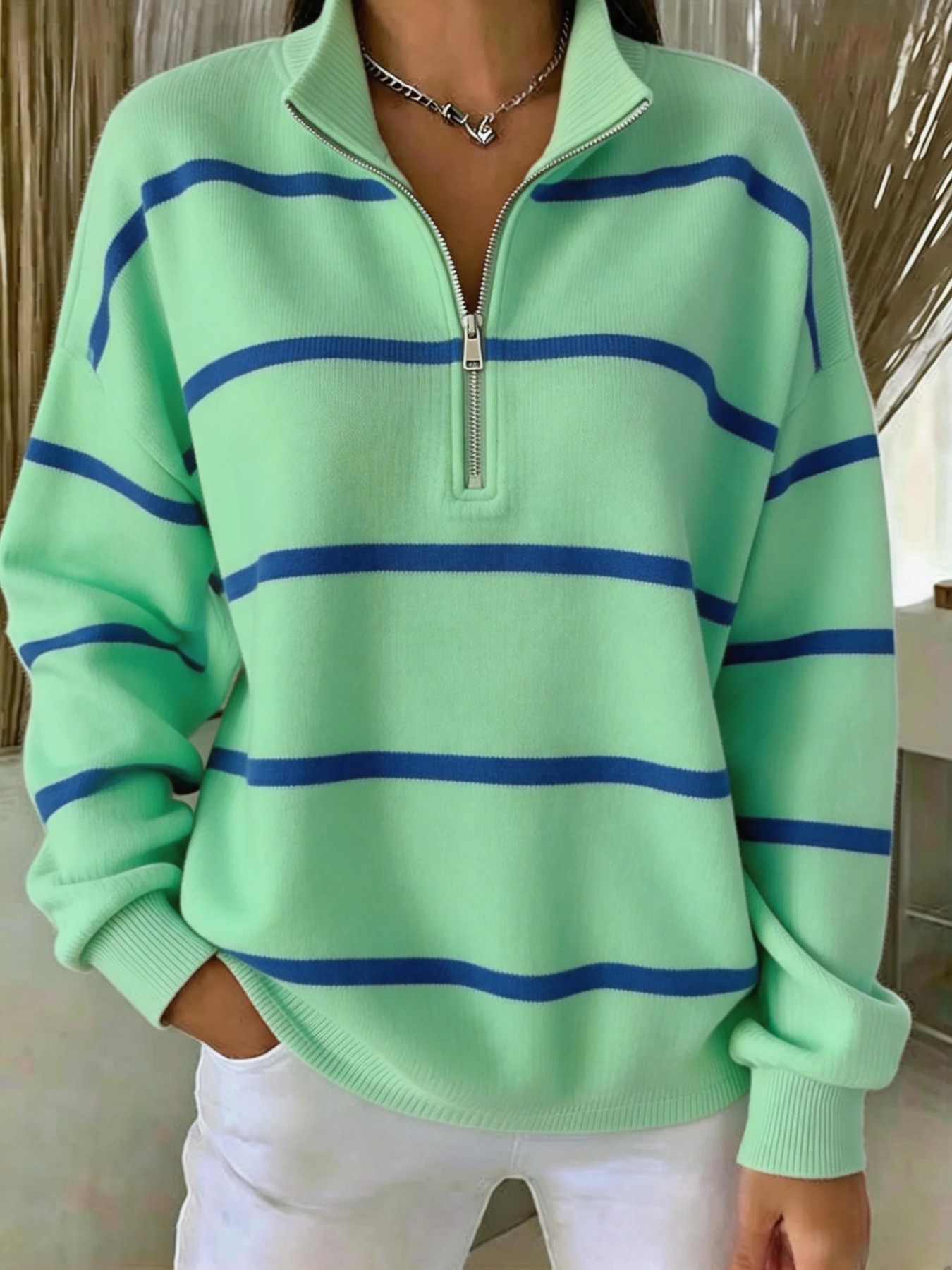 Striped Print Half-Zip Stand Collar Hoodie