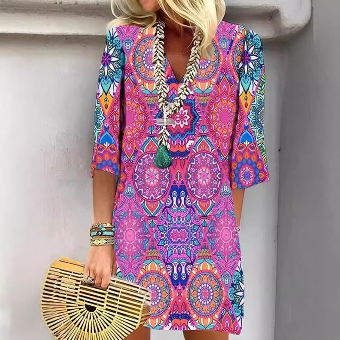 V-Neck Floral Print Loose Casual Midi Dress