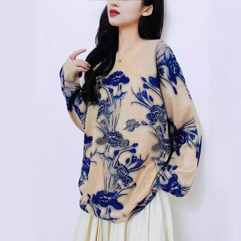 Rhinestone Floral Print Loose Knit Sweater Plus Size Crew Neck Long Sleeve