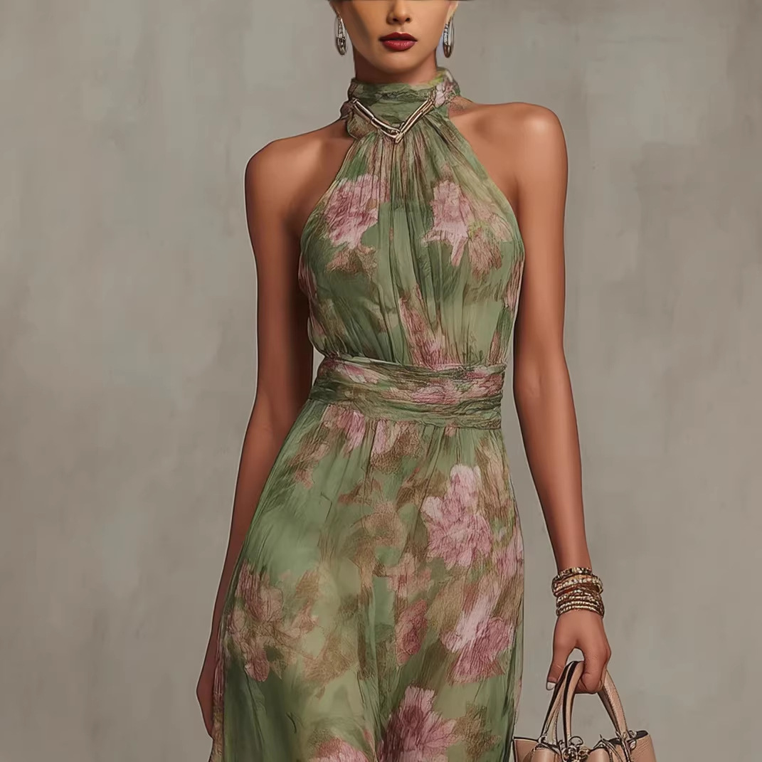 Women's Ruched Bodycon Mesh Print Cami Dress with High Slit
