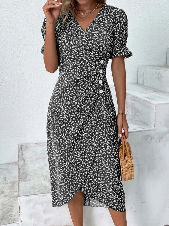 Geometric Patchwork Puff Sleeve Asymmetrical Hem Dress