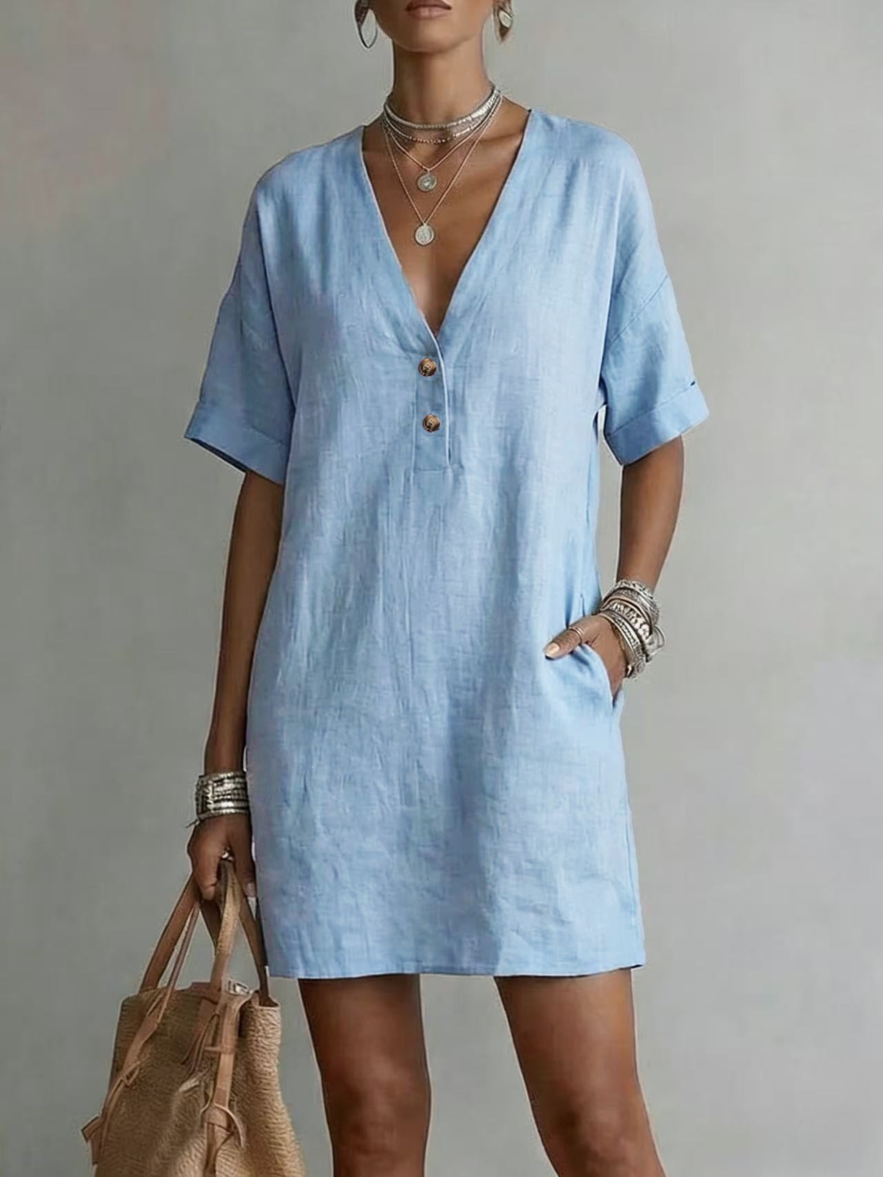 Boho Cotton-Linen Deep V Half-Button Short Sleeve Midi Dress
