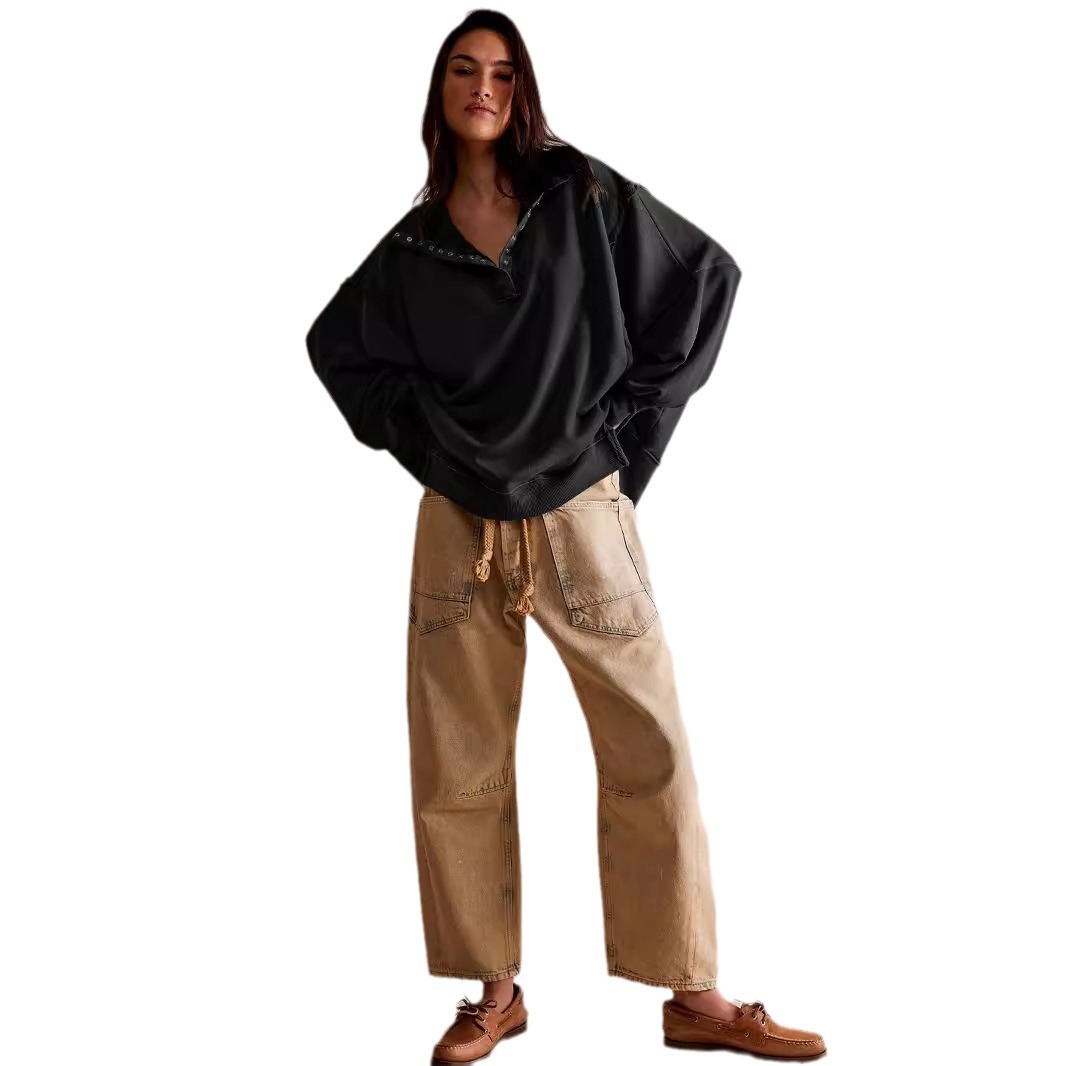 Lantern Sleeve Split Lapel Loose Sweatshirt