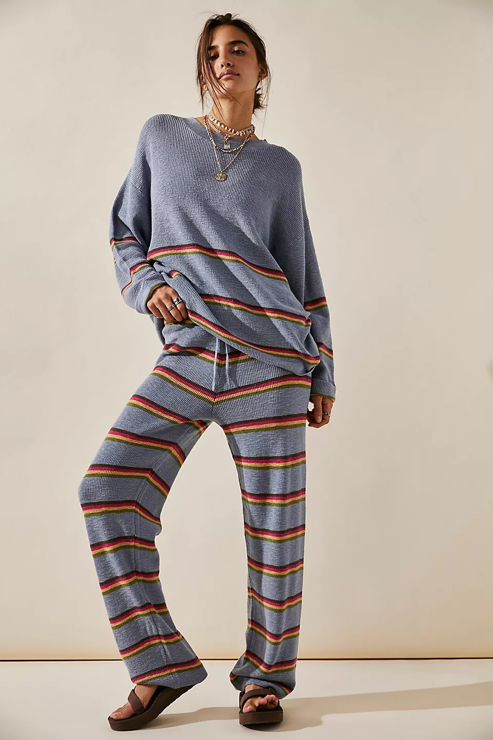 Women's Striped Sweater and Pants Set Crew Neck Long Sleeve Relaxed Fit