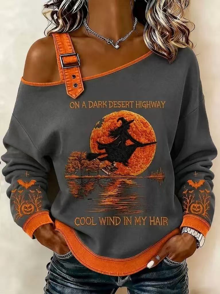 Halloween Witch Broom Print Crewneck Long-Sleeve Lace-Up Sweatshirt