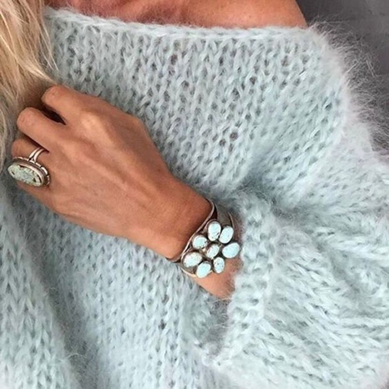 Women's Mohair Sweater Round Neck Long Sleeve Pullover