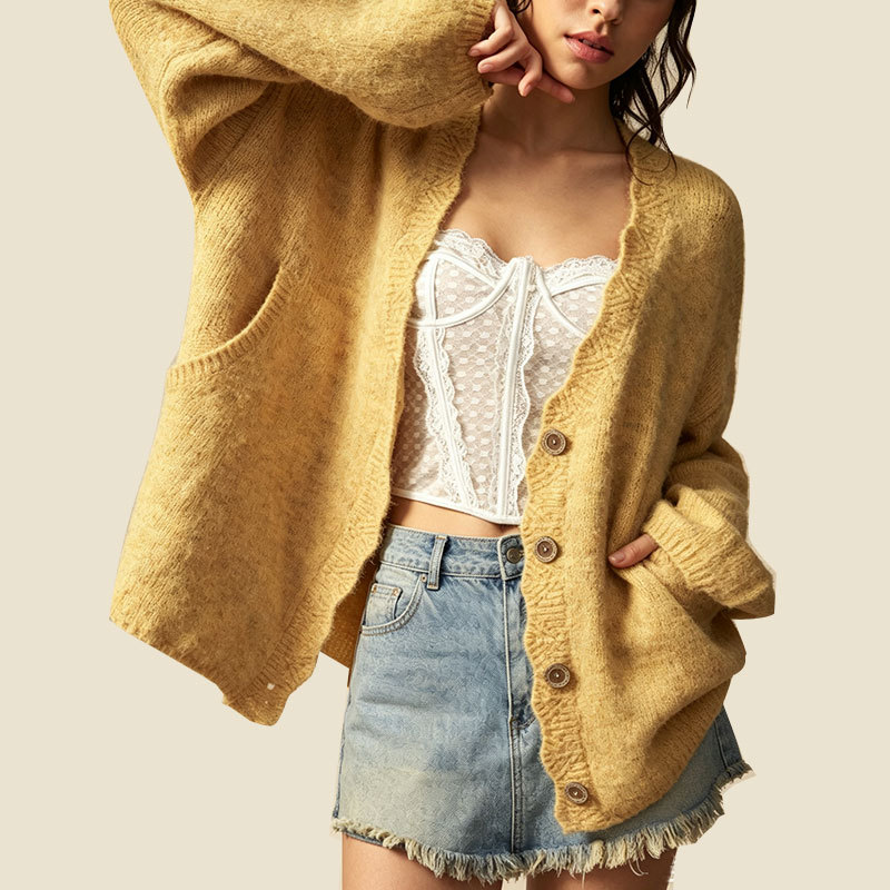 Women's Loose Knit Button-Front Cardigan with Pockets Long Sleeve Crew Neck