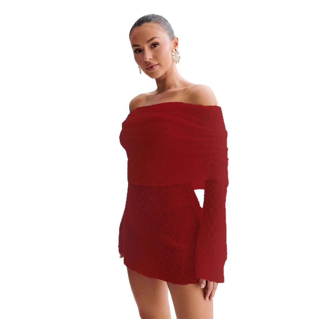 Sheer Knit Off-Shoulder Long-Sleeve Mini Bodycon Dress