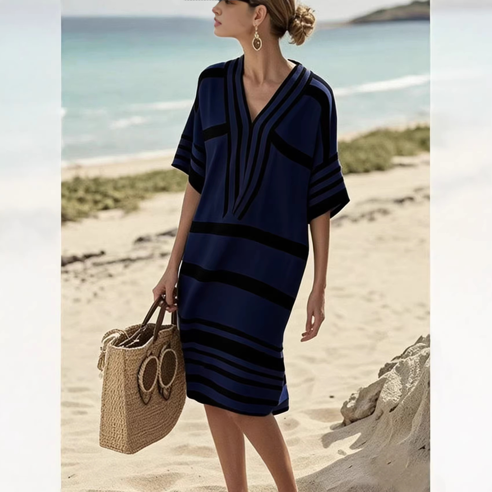Women's Plaid Striped Solid Print Midi Dress