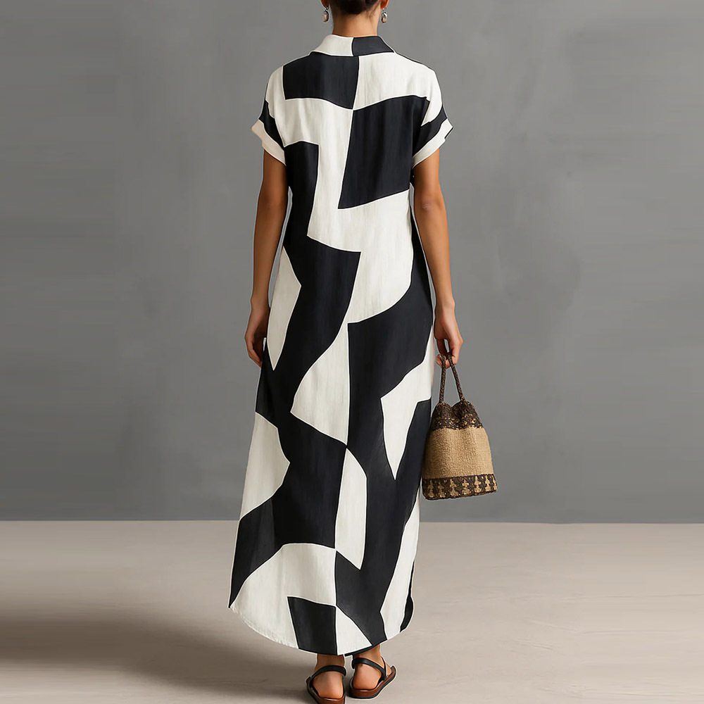 Geometric Print Shirt Dress Short Sleeve Long Casual Vacation Dress