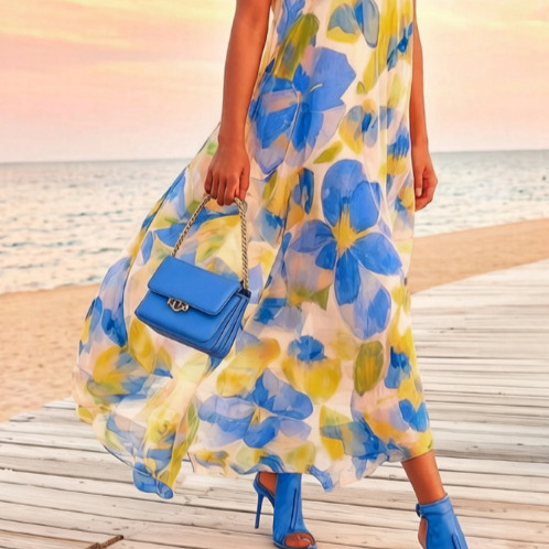 Women's Boho Floral Midi Dress Smocked Flowy Beach Dress