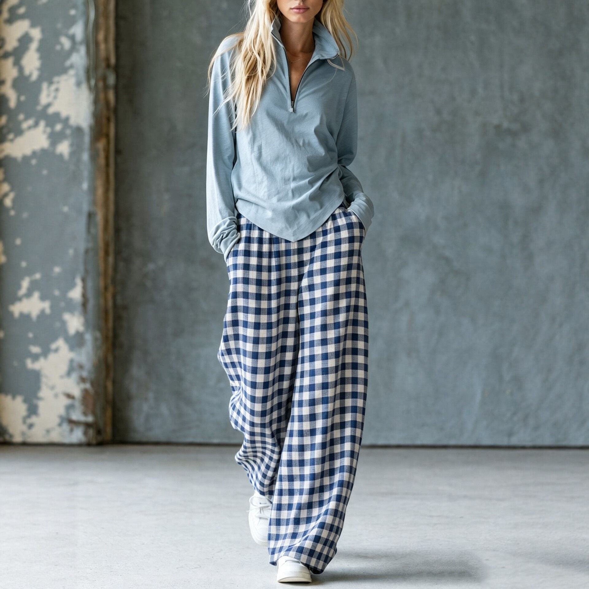Retro Plaid Wide-Leg Pants and Fitted V-Neck Knit Top Two-Piece Set