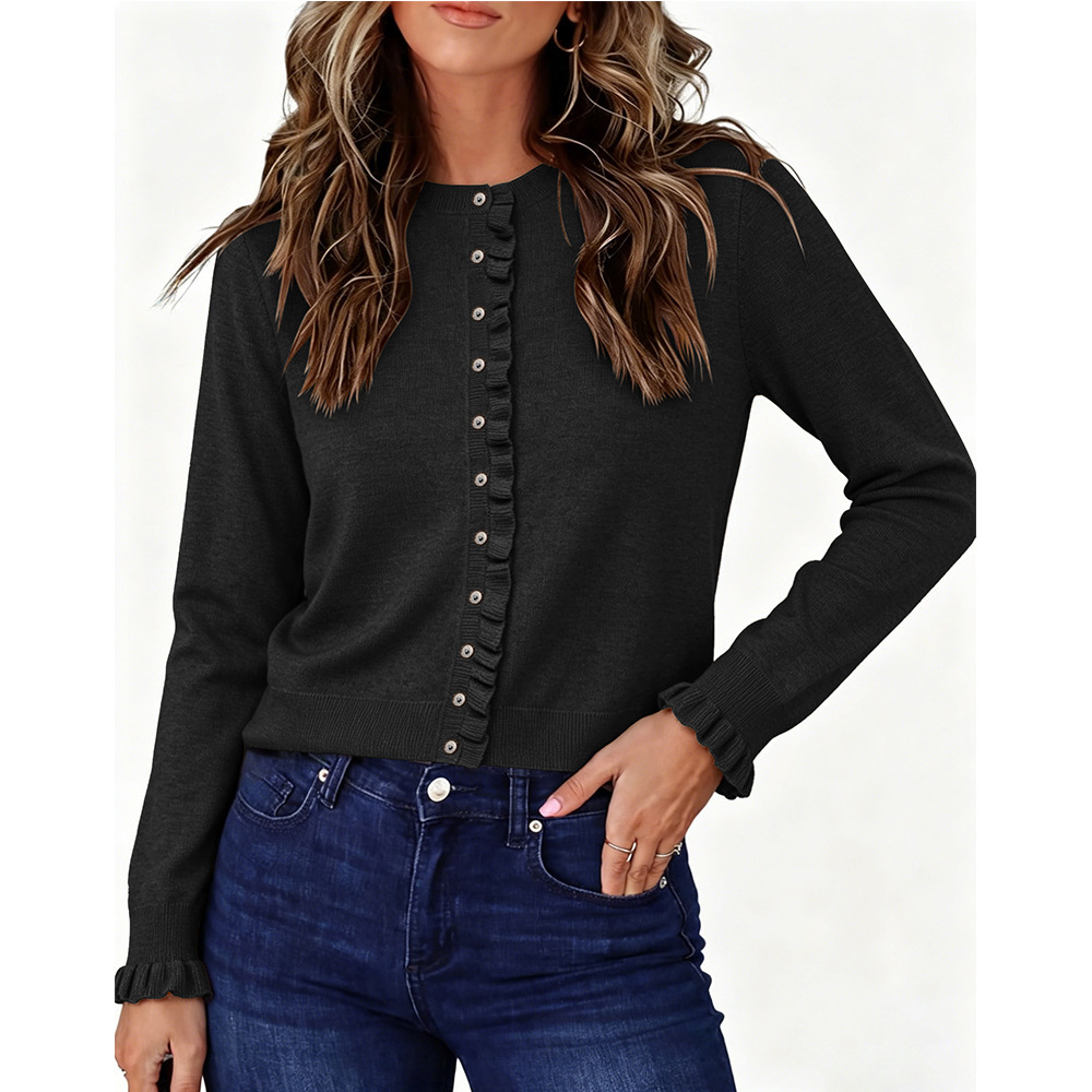 Women's Crewneck Long Sleeve Ruffle Knit Cardigan Sweater