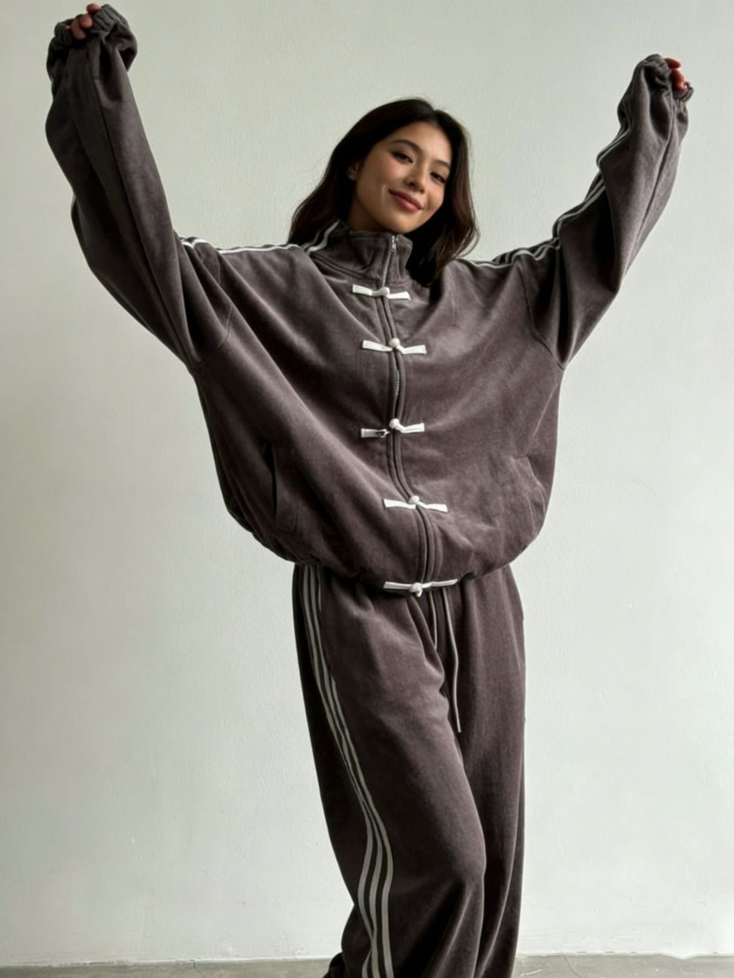 Retro Stand Collar Jacket & Wide-Leg Pants Set with Frog Buttons and Side Stripes