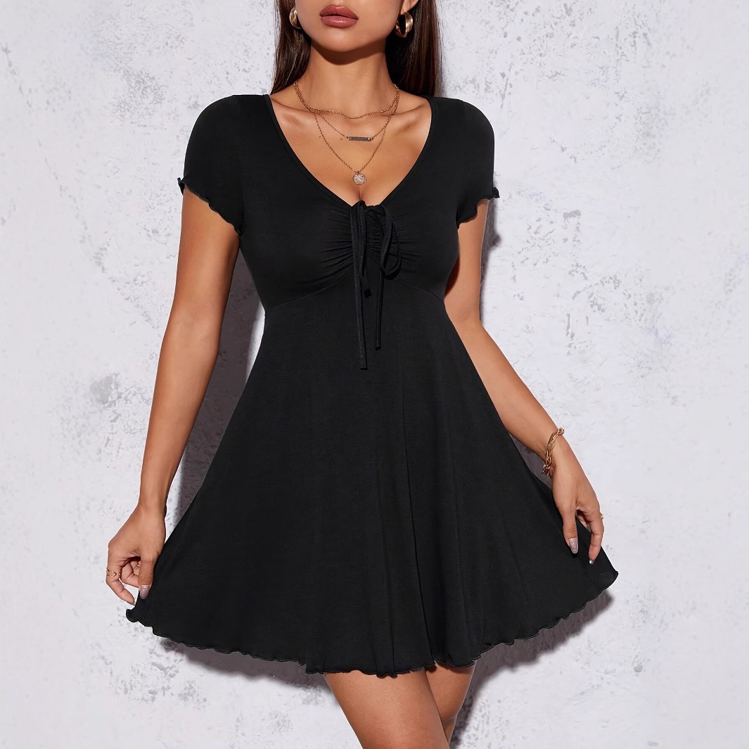 V-Neck Bow French Slimming Waist-Cinching Midi Dress