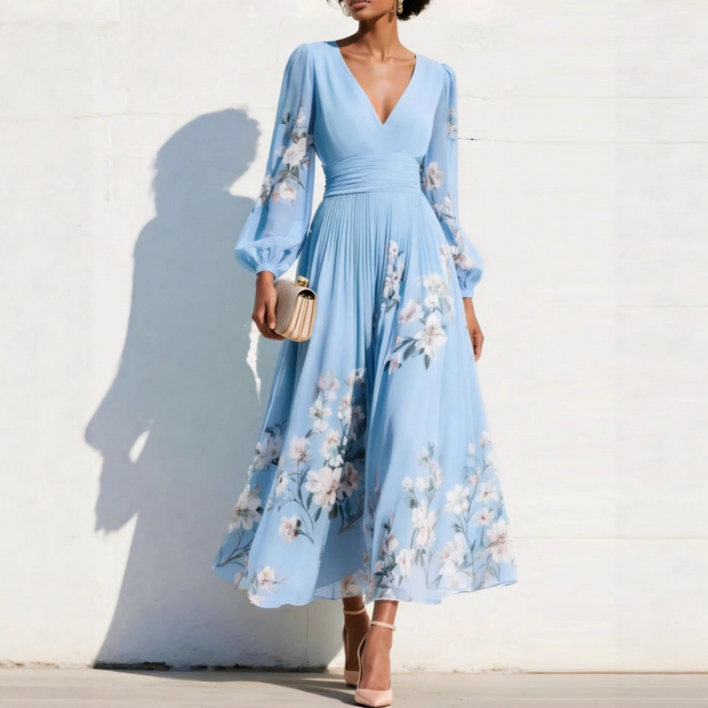 Floral Print Long Sleeve V-Neck Pleated Maxi Dress