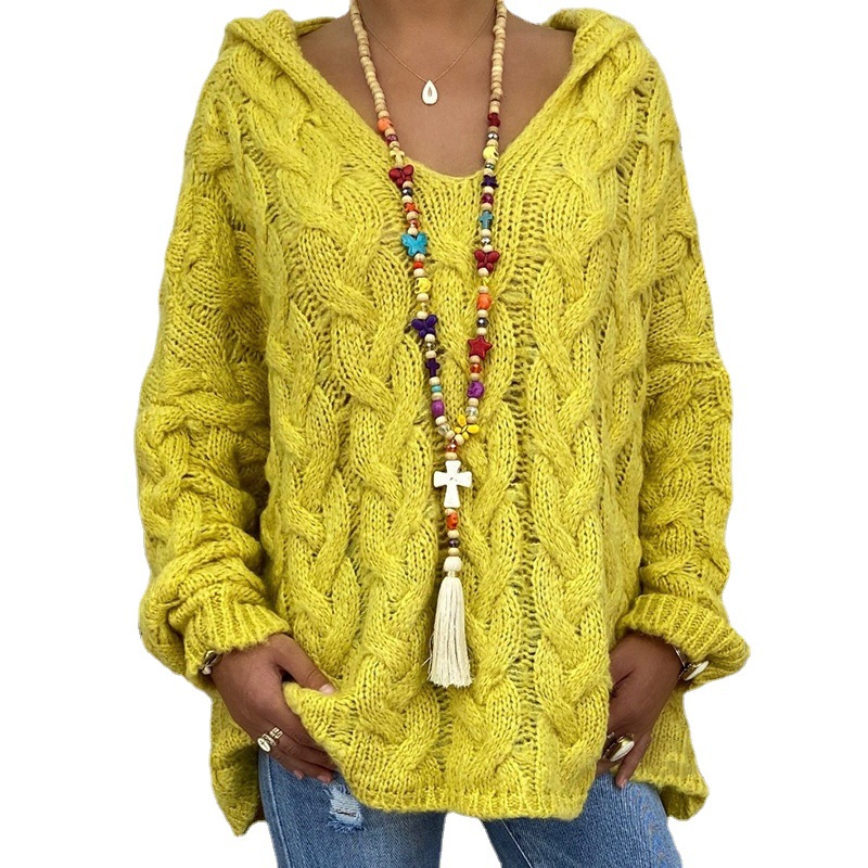 Women's Cable-Knit Hooded Sweater, Pure Color Pullover