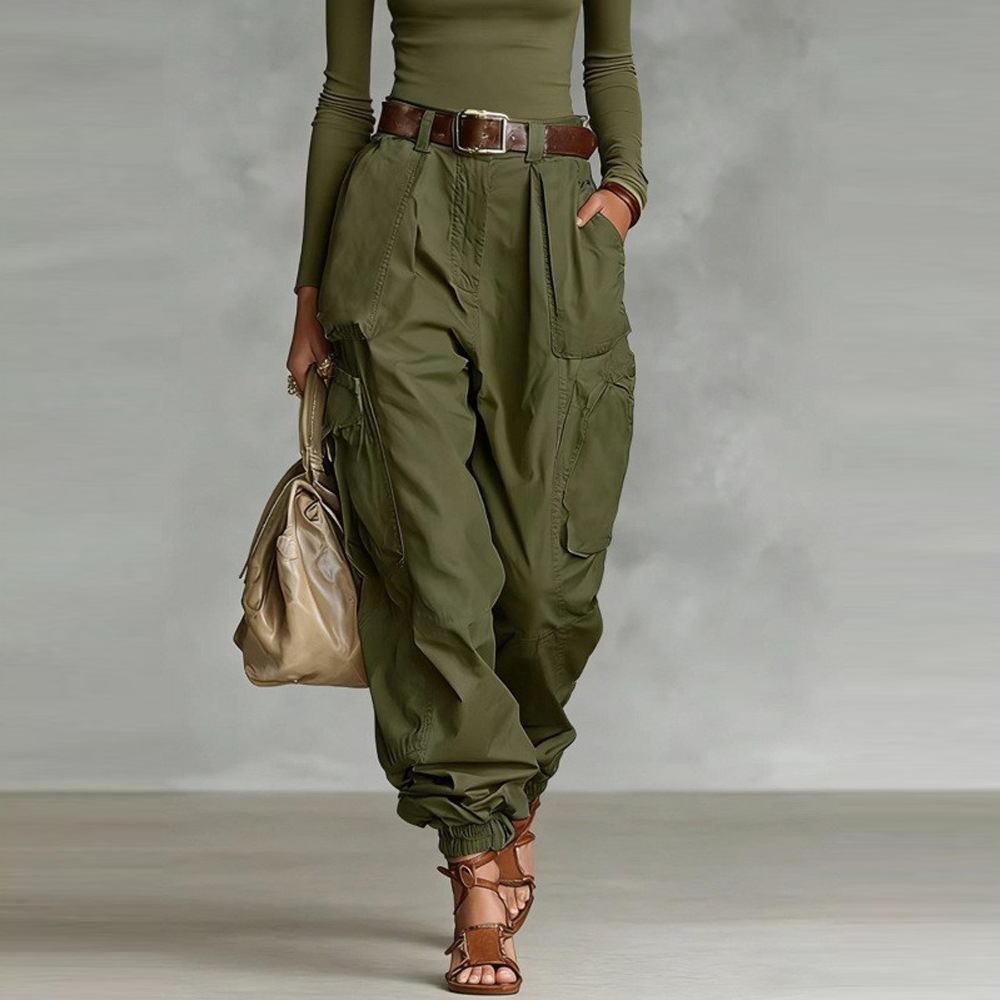 High-Waisted Wide-Leg Cargo Pants for Women, Loose Streetwear, Non-Stretch