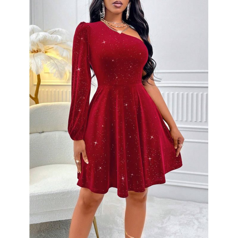One-Shoulder A-Line Mini Dress in Faux Suede