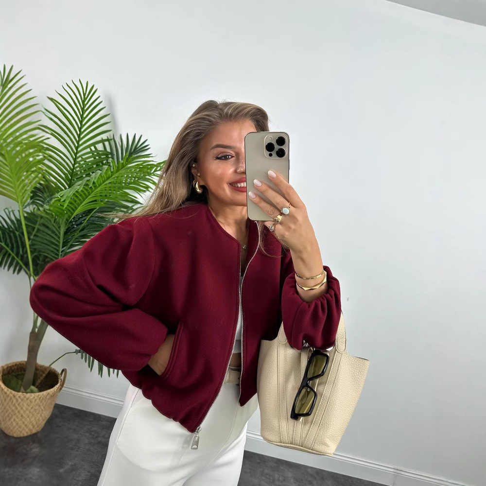 Women's Soft Cropped Bomber Jacket with Round Neck