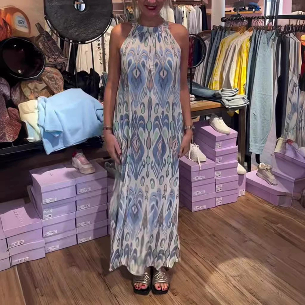 Women's Sleeveless Halter Neck Printed Maxi Dress