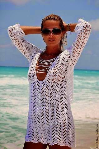 Hooded Open-Knit Cover-Up Dress with Tie Detail