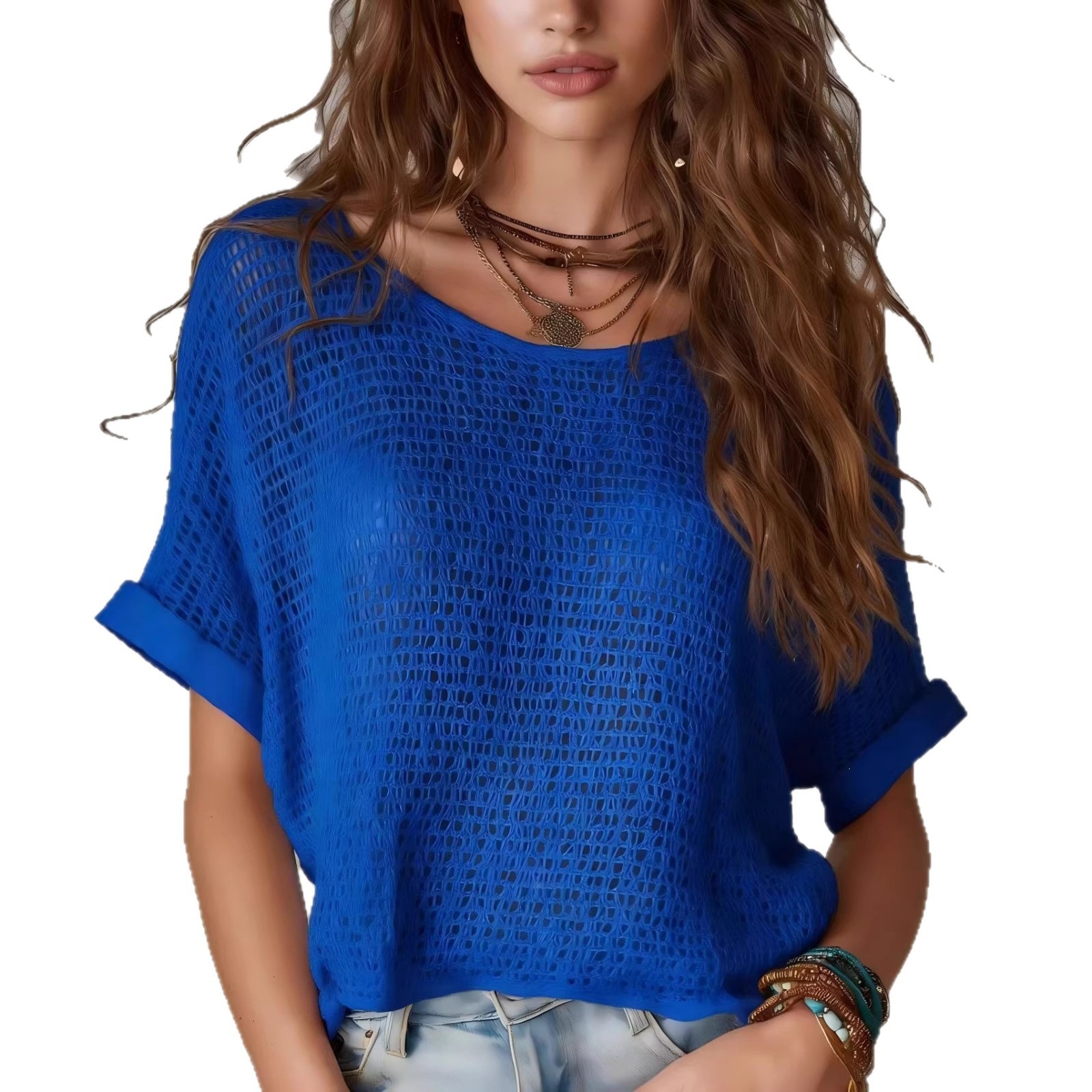 Women's Boho Crochet Knit Short Sleeve Sweater