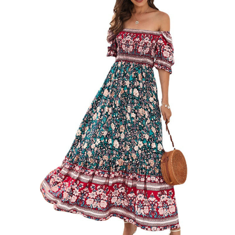 Boho Off-Shoulder Puff Sleeve Ruffle Maxi Dress