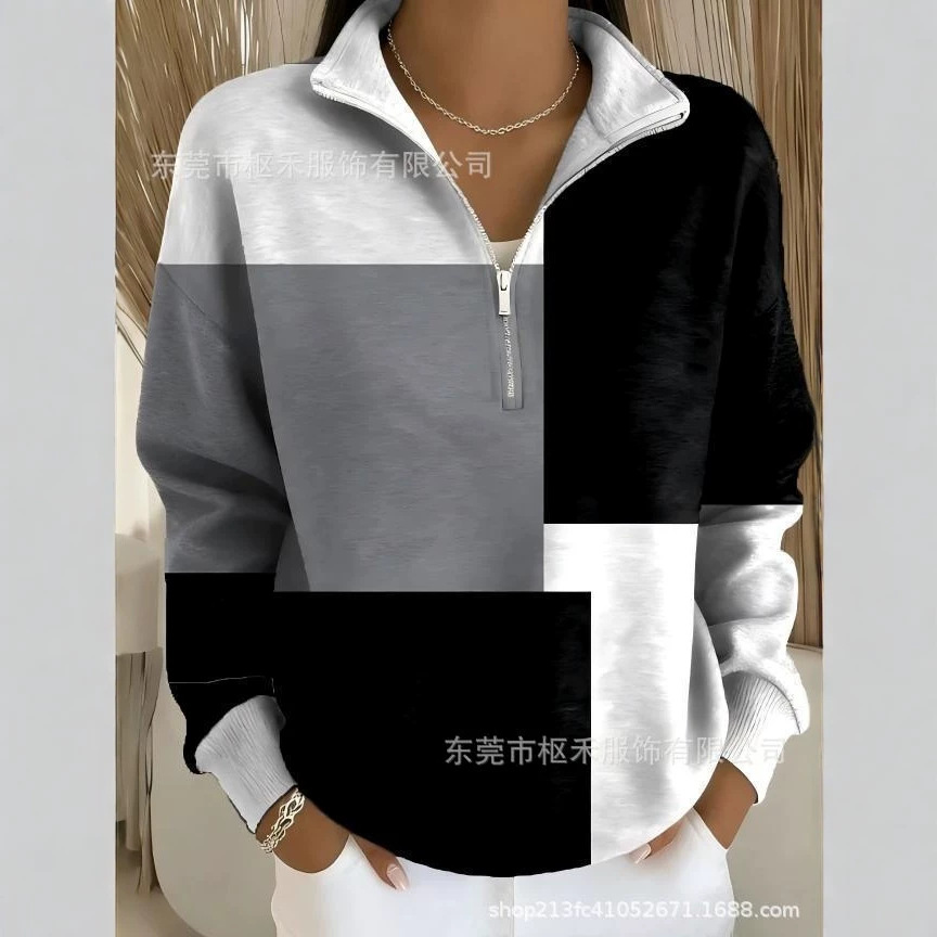 Plaid Color-Block Print Half-Zip Hoodie for Women