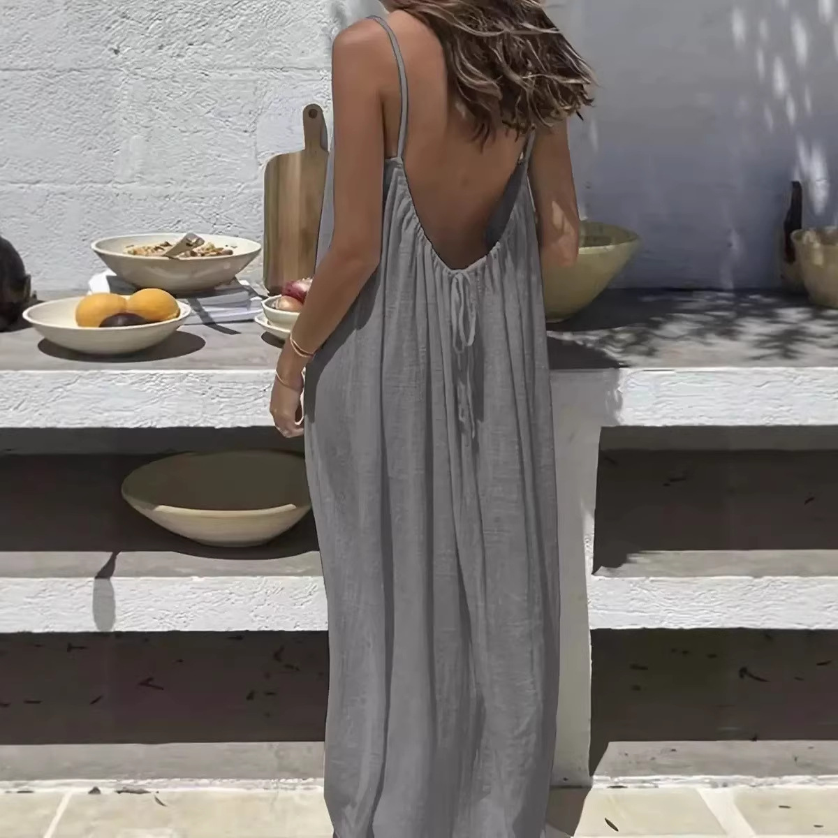 Open-Back Spaghetti Strap Maxi Dress U-Neck Loose Solid Beach Vacation