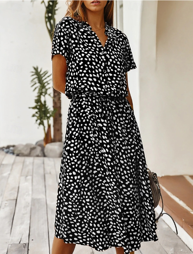 Women's Polka Dot Button-Front Tie Dress with Stone Floral Print