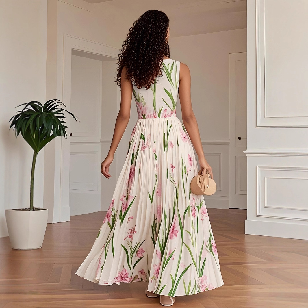 Women's Slim Fit Printed Cami Dress Pleated Maxi