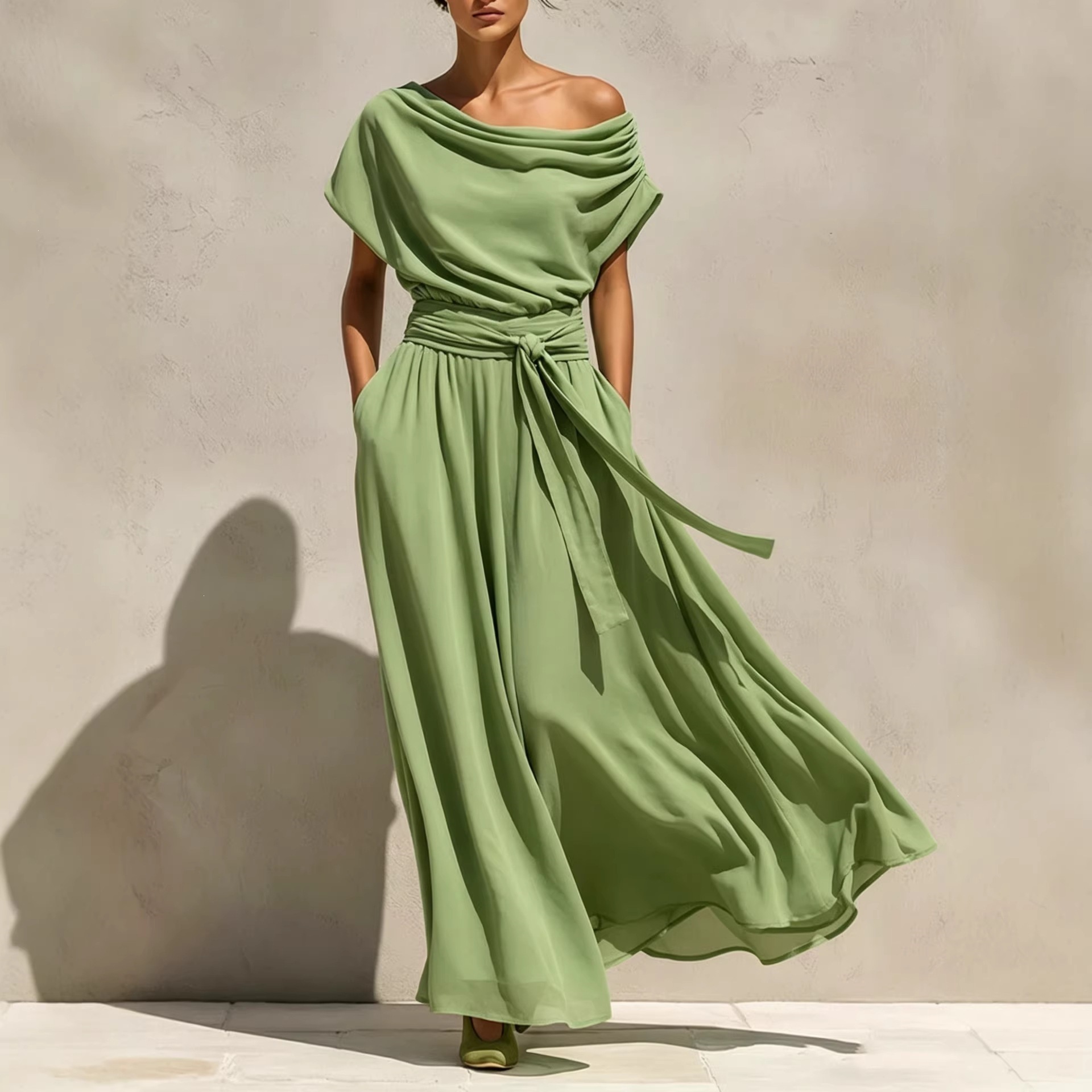 Boat Neck Short Sleeve Bohemian Chiffon Waist-Cinching Slimming Dress