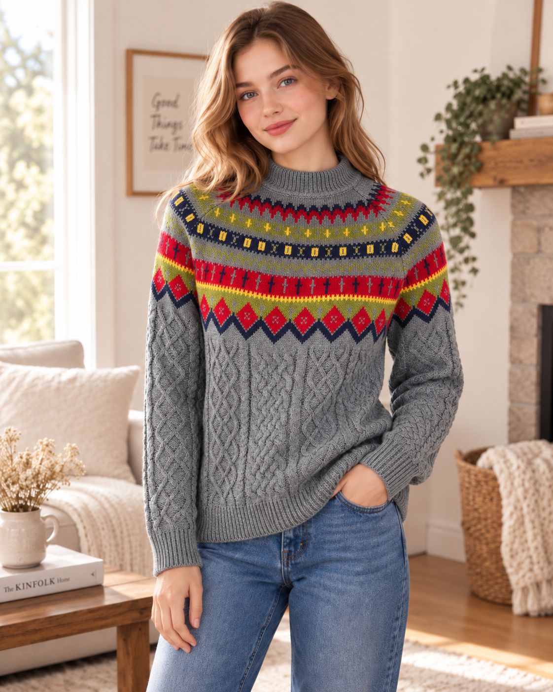 Fair Isle Jacquard Cable Knit Half-Turtleneck Sweater Women Loose Pullover