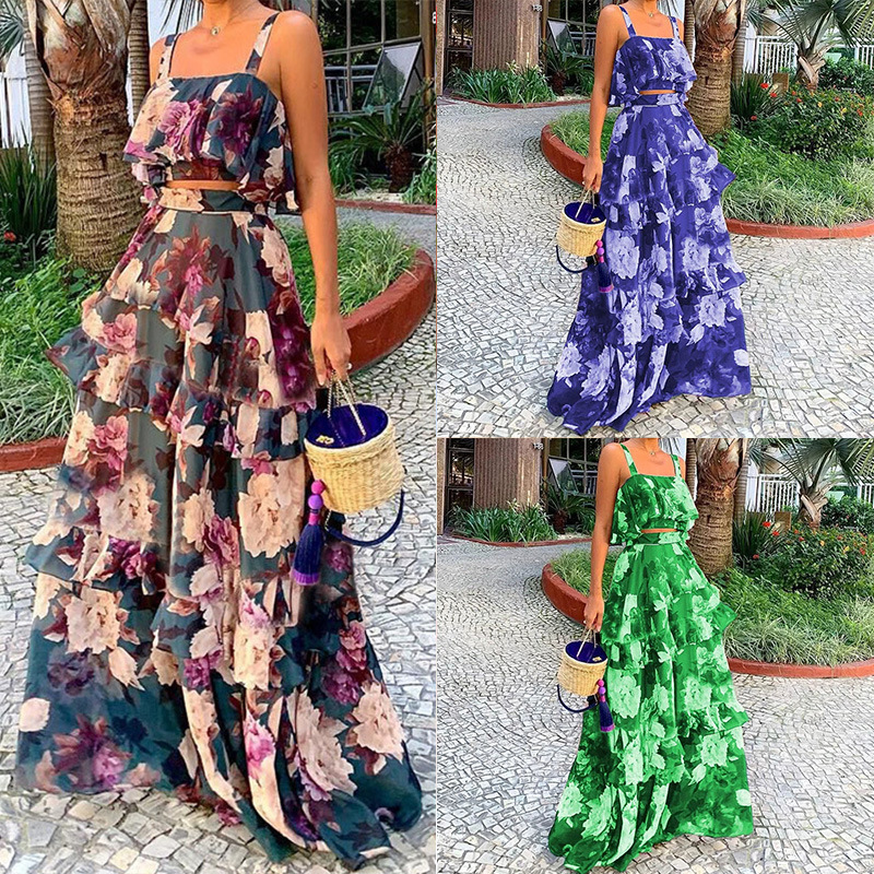Elegant Slimming Sleeveless Cami Top and Ruffle Hem Long Skirt Set