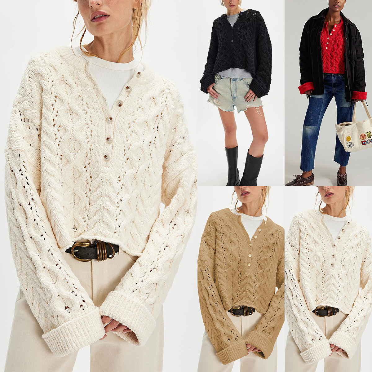 Cable-Knit Button-Trim Pullover Sweater