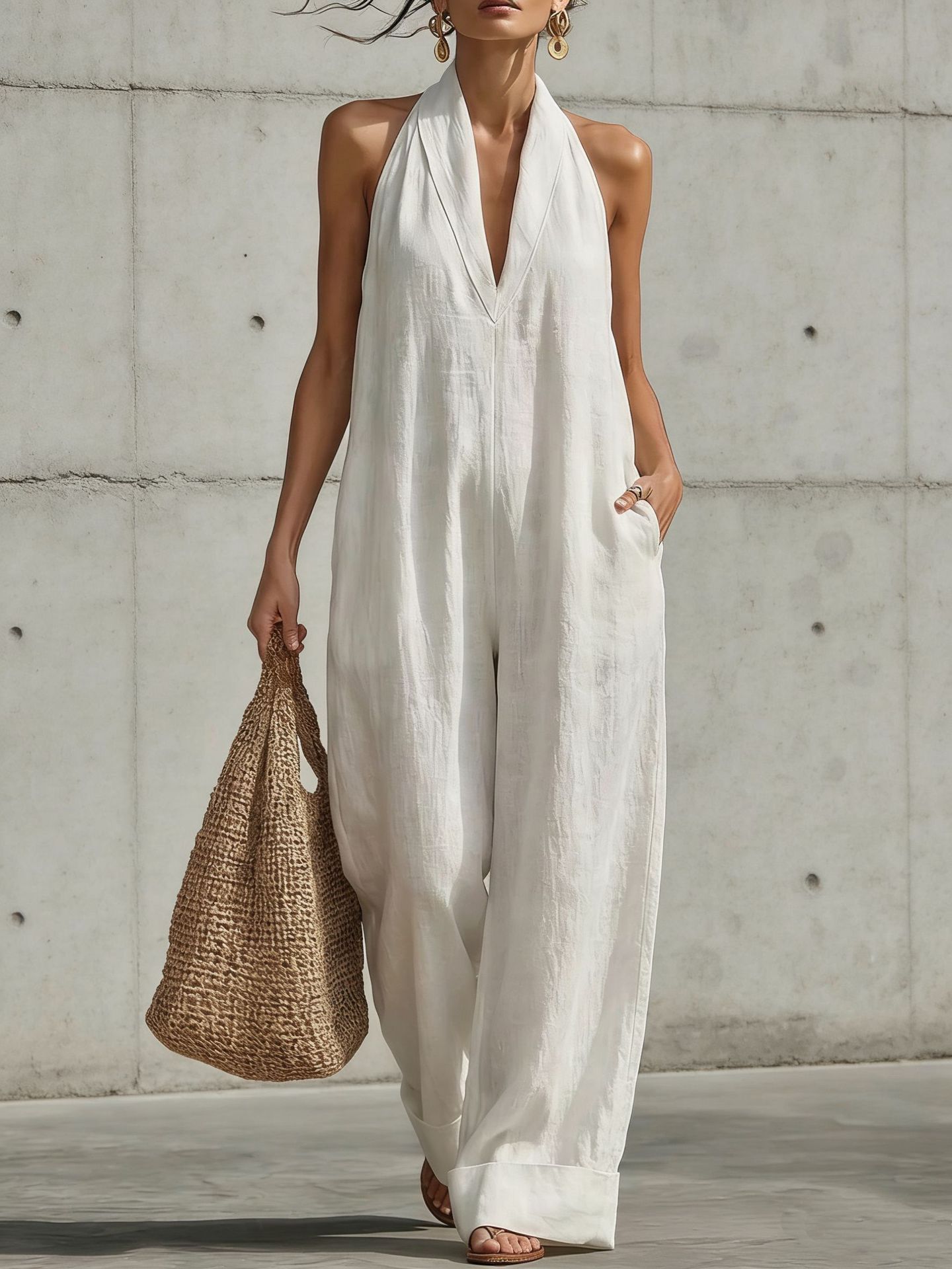Cotton Linen Sleeveless Wide-Leg Jumpsuit Women Casual Minimalist