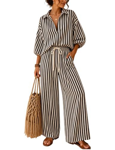 Striped Collared Lantern-Sleeve Shirt & Wide-Leg Pants Two-Piece Set