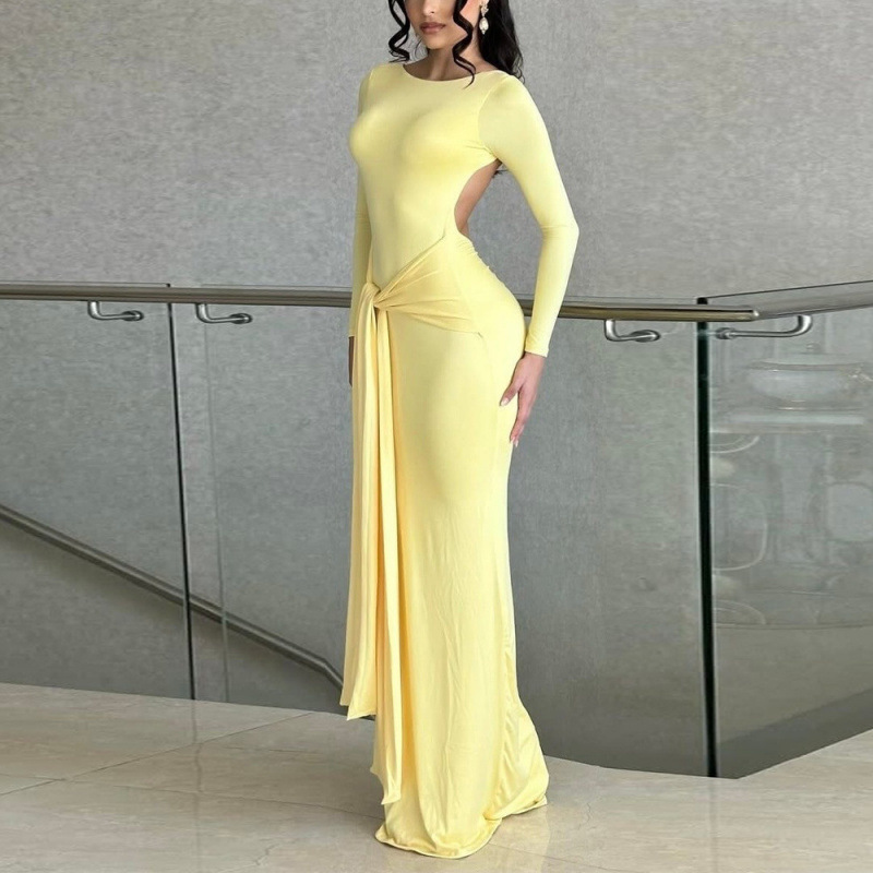 Solid Long Sleeve Open Back Waist-Cinching Midi Dress