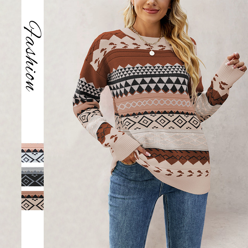 Women's Argyle Jacquard Color-Block Knit Pullover Sweater