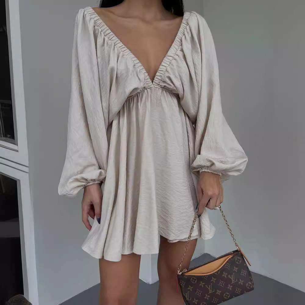 V-Neck Long Sleeve Bubble Sleeve Flared Dress