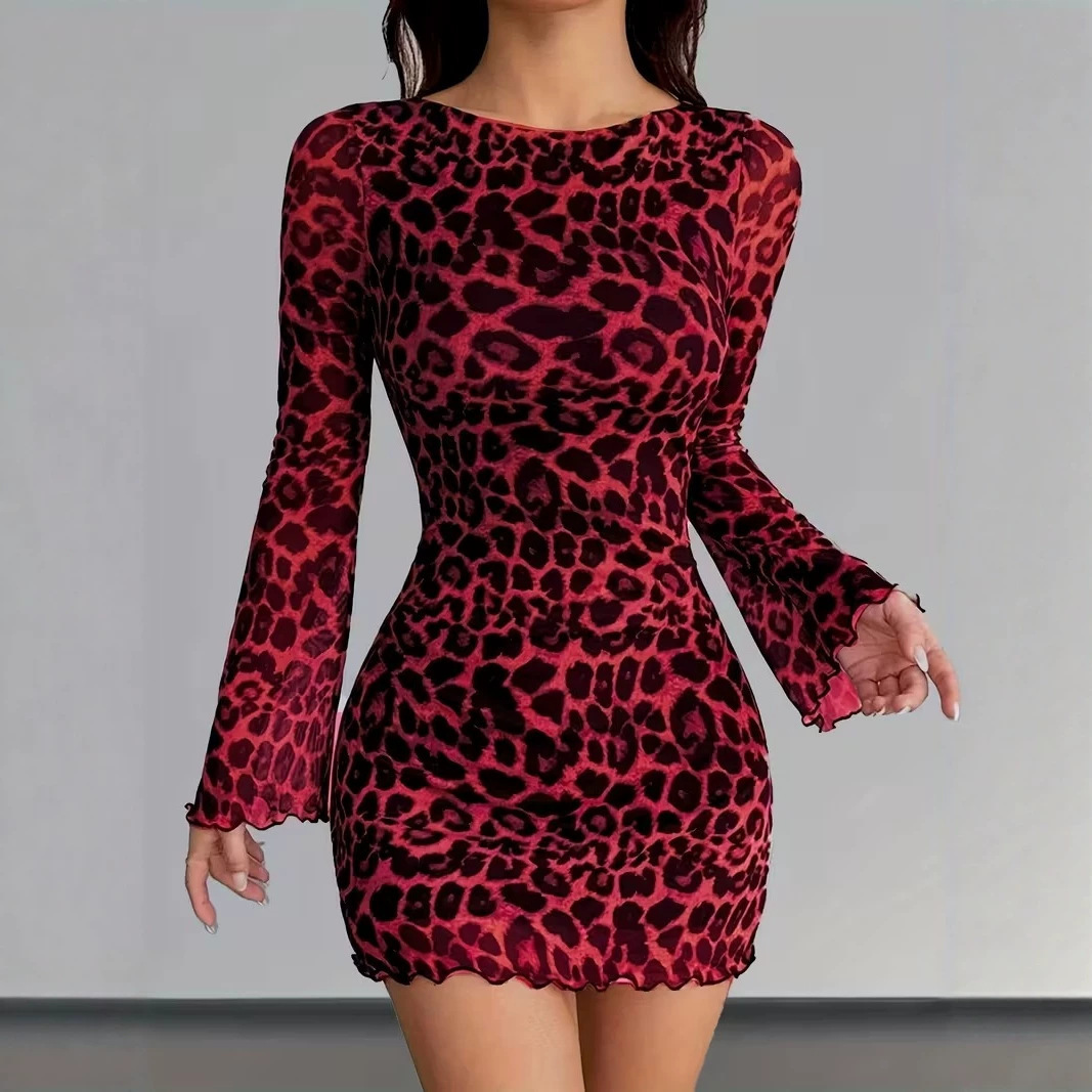 Leopard Print Long Sleeve Round Neck Mesh A-Line Mini Dress