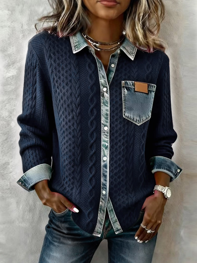 Knit Denim Patchwork Button-Front Shirt Jacket